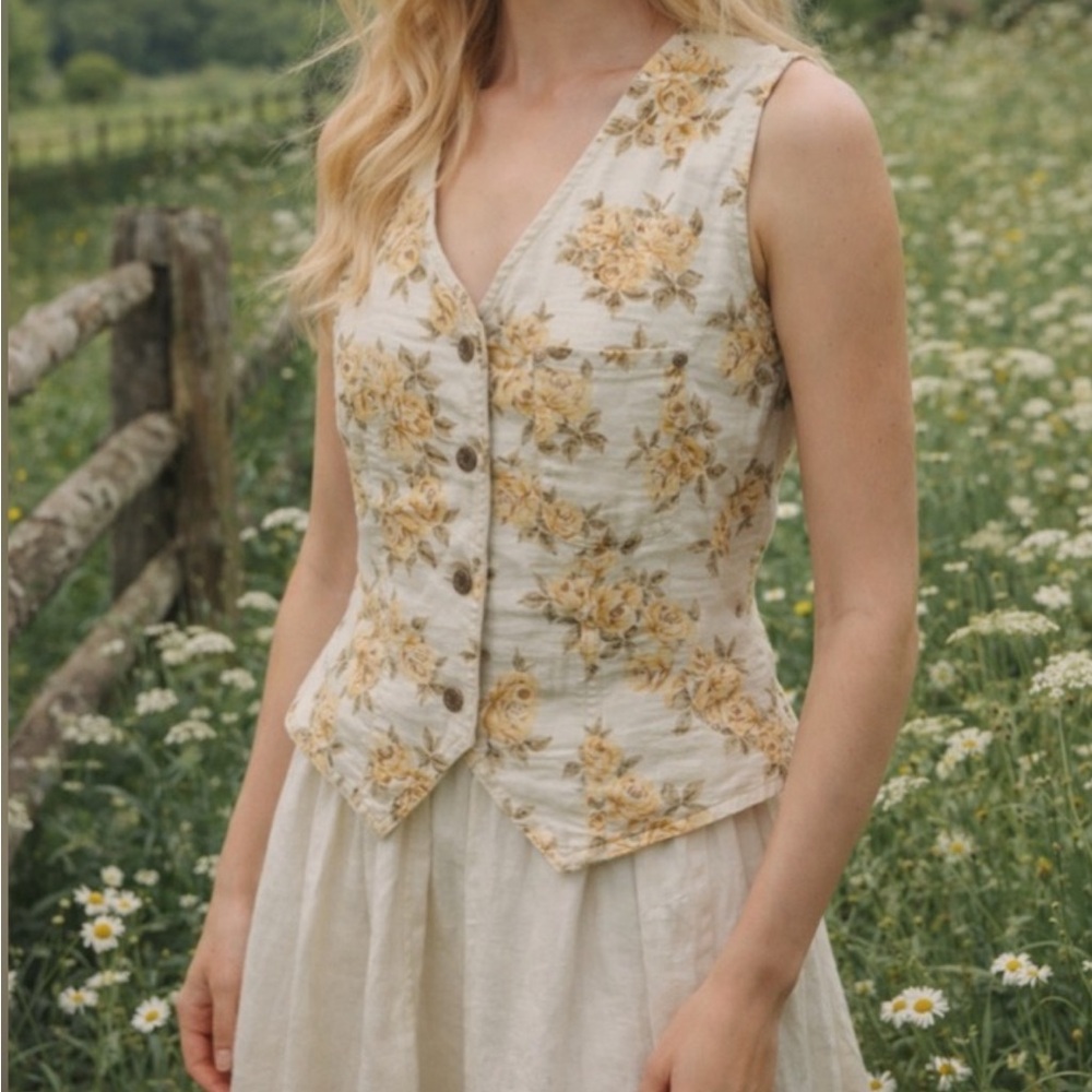 VINTAGE | Floral Linen Cottage Core Button Down Vest Tank Top Blouse Shirt Top